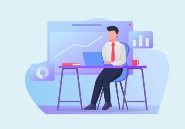 İşadamı düz biçimli vektör ile arkaplan ve grafik olarak dizüstü bilgisayarda çalışır