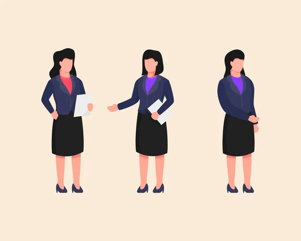 Business Woman Set Collection People Holding Paper File Document Flat — Stock Vector