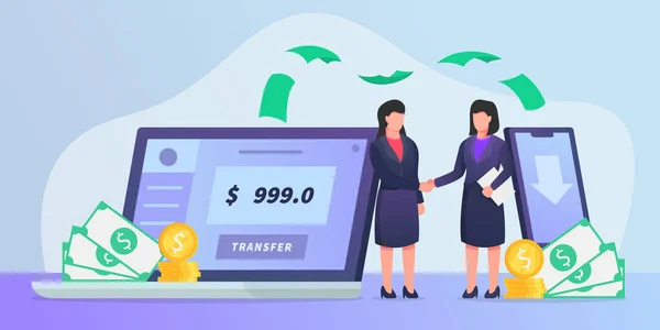 Online Business Transfer Concept Met Wat Geld Overgemaakt Naar Een — Stockvector