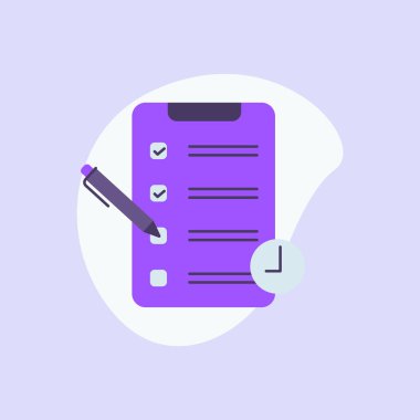 Modern düz stil sıvı arkaplan şekli ve mor menekşe renk tema vektörüne sahip iş listesi pano simgesi