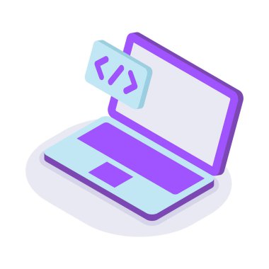 Modern düz biçim renk vektörlü dizüstü bilgisayar programlama izometrik simgesi