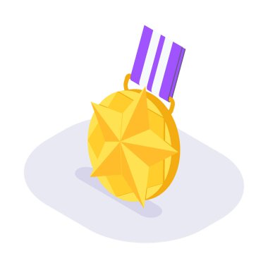 Modern düz stil renk vektörlü yıldız izometrik ikonu olan altın madalyalar