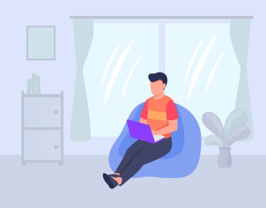 Oturma odasındaki koltukta oturan ve dizüstü bilgisayarda çalışan bir adamla ev kavramından çalış.