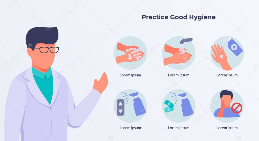 doctor give some advice on practice good hygiene concept with icons cleaning illustration vector