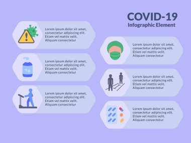 covid-19 koronavirüs bilgi grafiksel öğesi ile ilgili çeşitli simge ile modern düz biçim vektörü ile mor arkaplan
