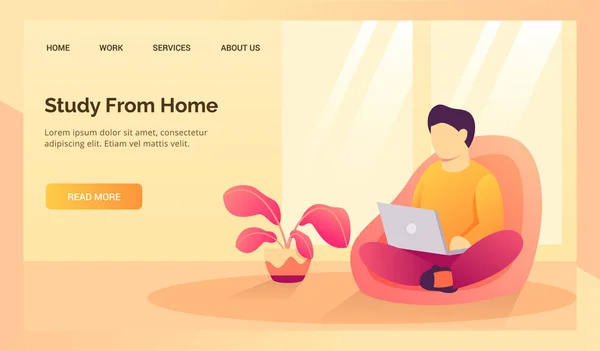 ウェブサイトのランディングホームページテンプレートバナーベクトルのためのソファの上の家からの学生の研究 — ストックベクタ