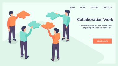 izometrik biçim vektörü ile web sitesi indirme ana sayfası için işbirliği takım çalışması yapbozu