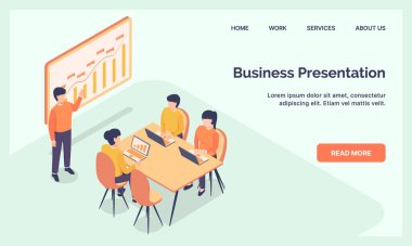 Modern izometrik düz vektörlü web sitesi indirme şablonu için iş sunum ekibi