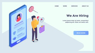 Modern izometrik düz vektörlü web sitesi indirme ana sayfası için mobil aygıt konsepti üzerinde insanları işe almak