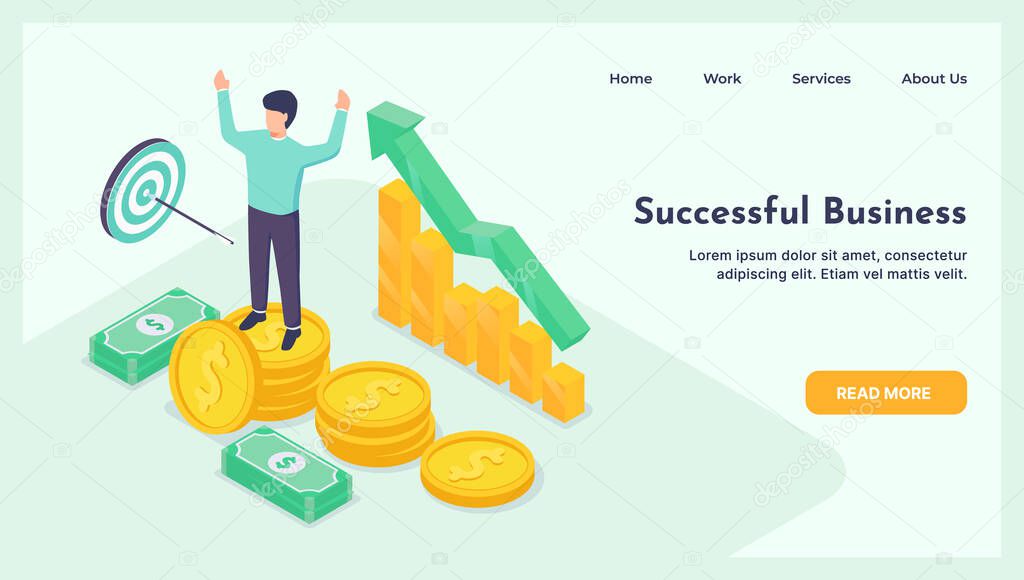 happy businessman celebrates success standing on gold and money. Concept of success start up.vector illustration isometric