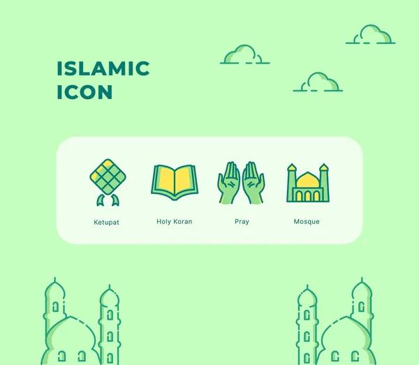 Icono Islámico Conjunto Colección Paquete Con Tema Verde Moderno Estilo — Vector de stock