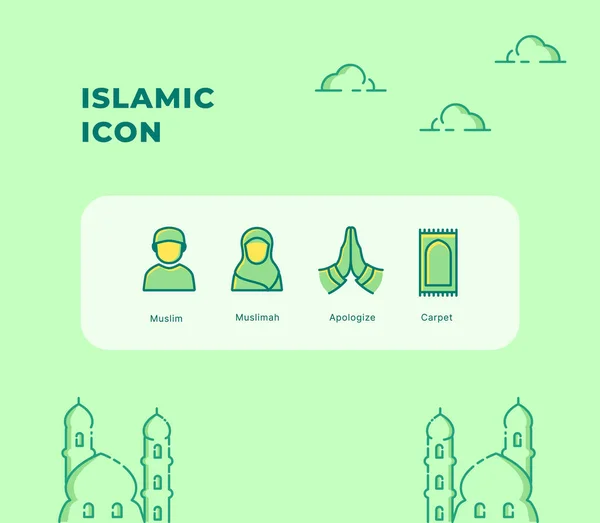 Icono Islámico Conjunto Colección Paquete Con Tema Verde Moderno Estilo — Vector de stock
