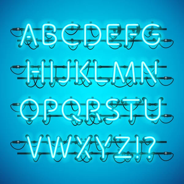 Glowing Neon Azure Blue Alphabet — Stock Vector