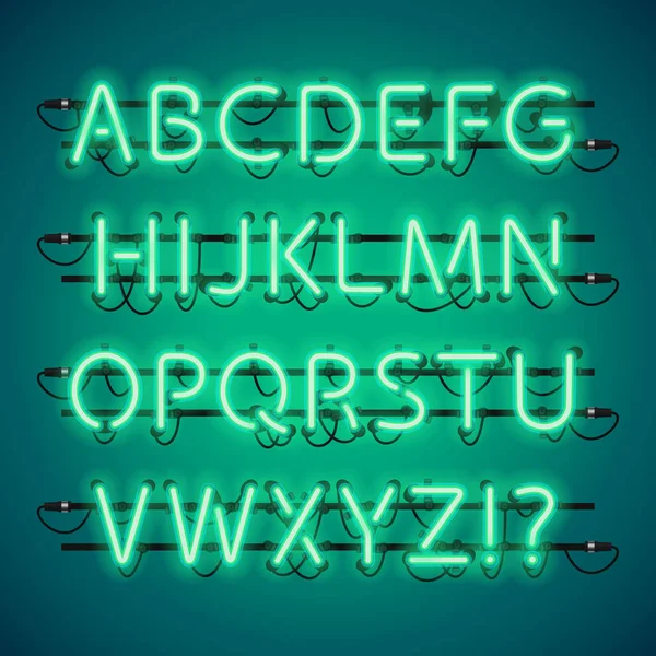 Alfabetul verde neon strălucitor — Vector de stoc