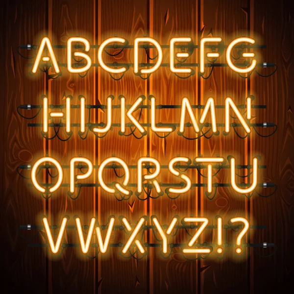 Alfabeto de néon brilhante em fundo de madeira — Vetor de Stock