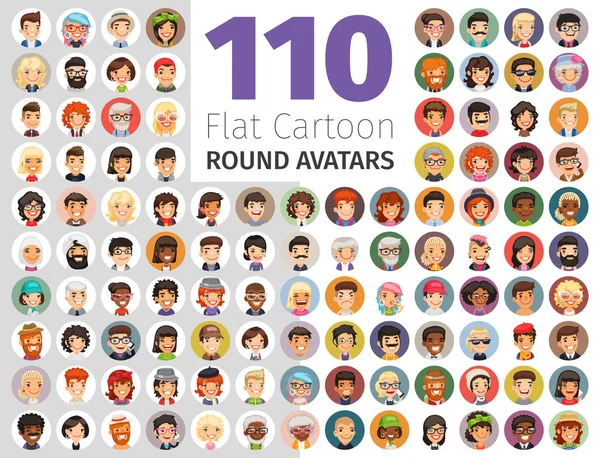 Flat Cartoon Round Avatars Big Collection — Stock Vector