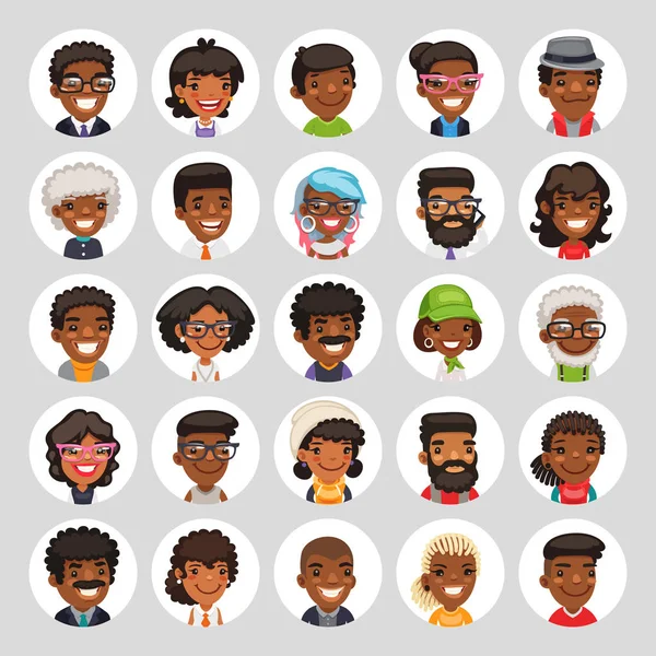 Avatars ronds afro-américains plats sur blanc — Image vectorielle