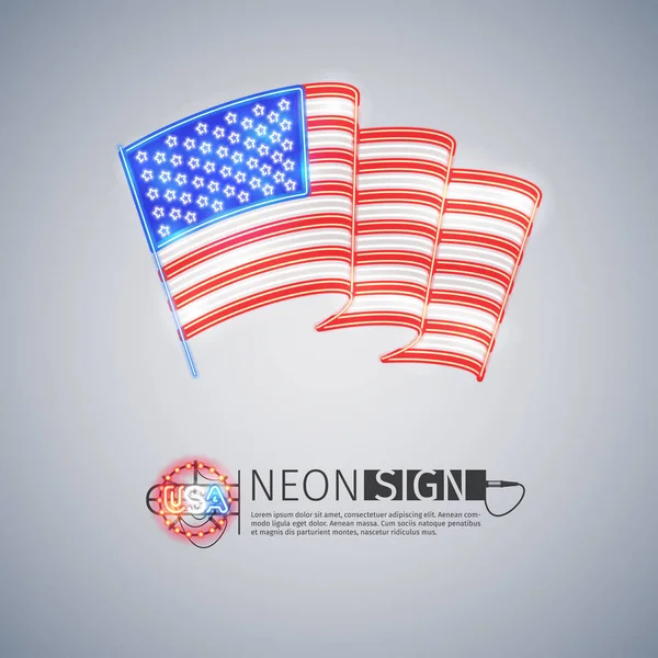 Neon Sign Wavy Etats-Unis Drapeau sur Gris Clair — Image vectorielle