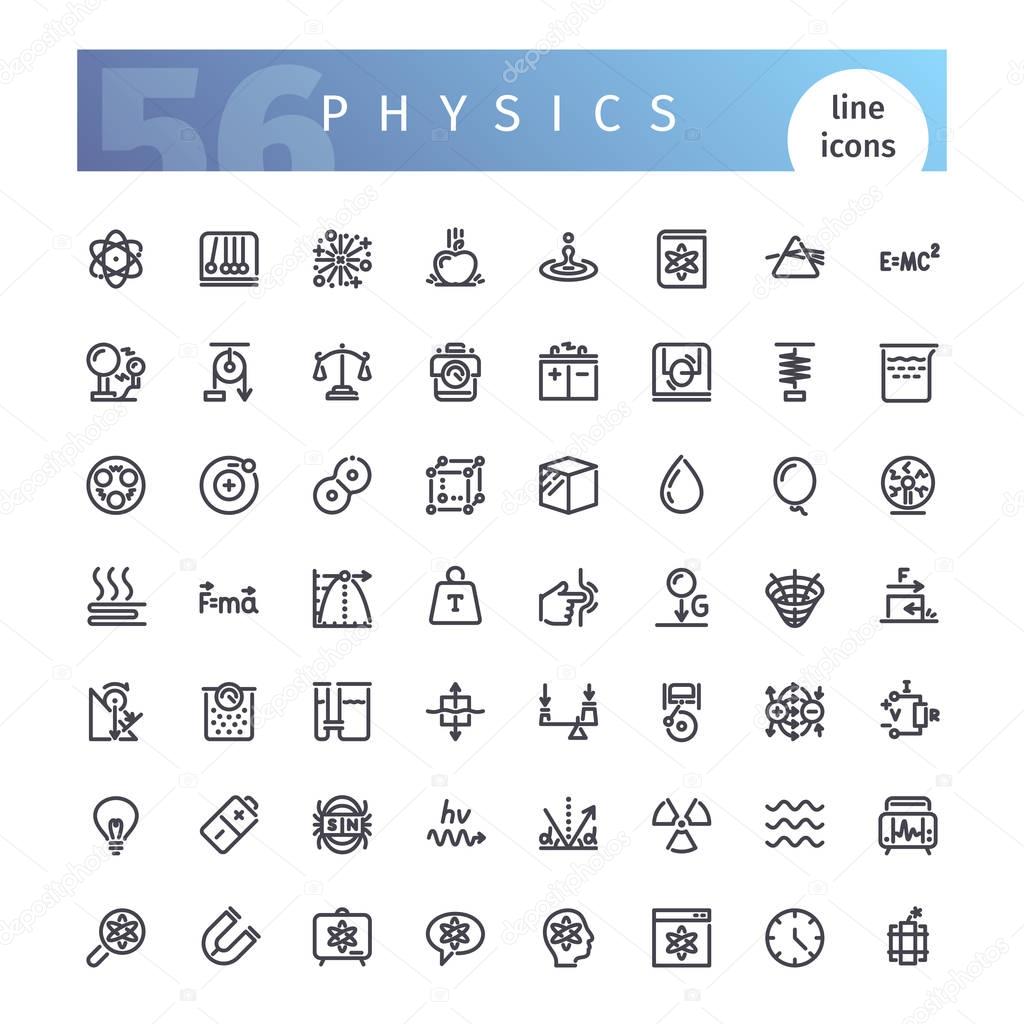 Set of 56 physics line icons suitable for web, infographics and apps. Isolated on white background. Clipping paths included.