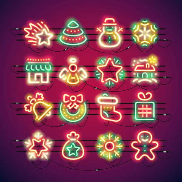 Navidad coloridos iconos de neón — Vector de stock