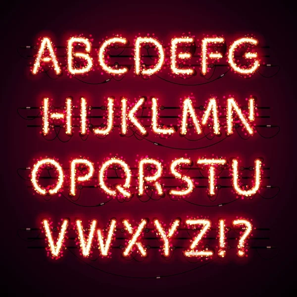 Zářící Neon červený abeceda s glitrem na tmavé — Stockový vektor
