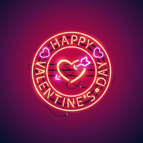 Happy Valentines Day with Arrowed Heart Neon Sign — Stock Vector