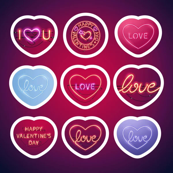 Glowing Neon Valentine Signs Sticker Pack with Stroke — Stock Vector