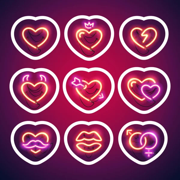 Brilhando Neon Valentine Hearts etiqueta com curso — Vetor de Stock