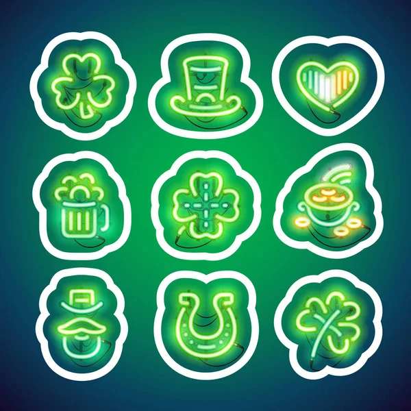 Glowing Neon Patricks Sticker Pack with Stroke — Stock Vector