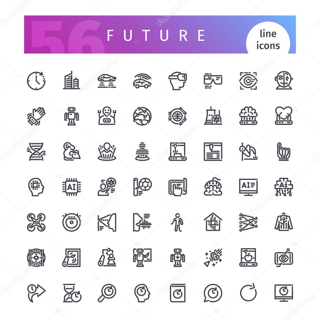 Set of 56 technology of future line icons suitable for web, infographics and apps. Isolated on white background. Clipping paths included.