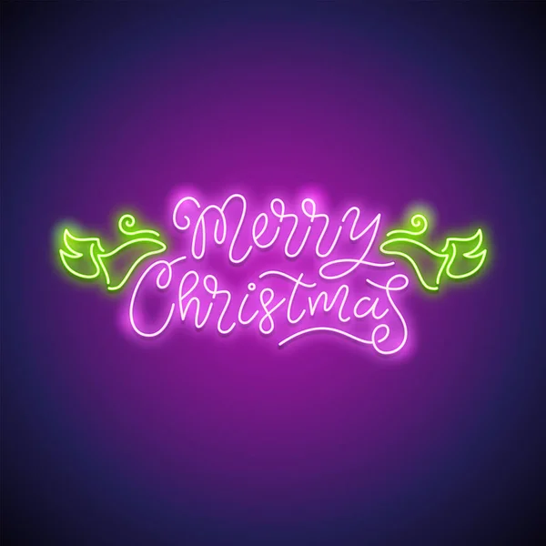 Vrolijk Kerstfeest Neon Teken Paars — Stockvector