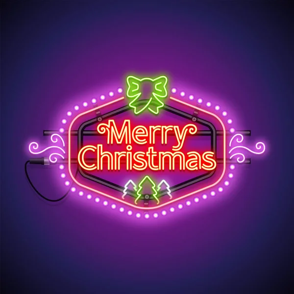 Veselé Vánoce neonové znamení fialová — Stockový vektor