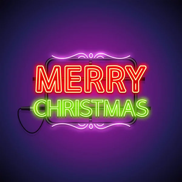 Vrolijk Kerstfeest Neon Sign on Purple — Stockvector