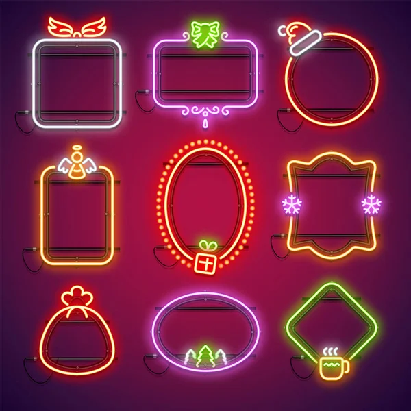 Vrolijk Kerstfeest Neon Frames Set — Stockvector