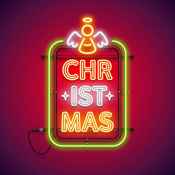 Natale Verticale Neon segno rosso con angelo — Vettoriale Stock