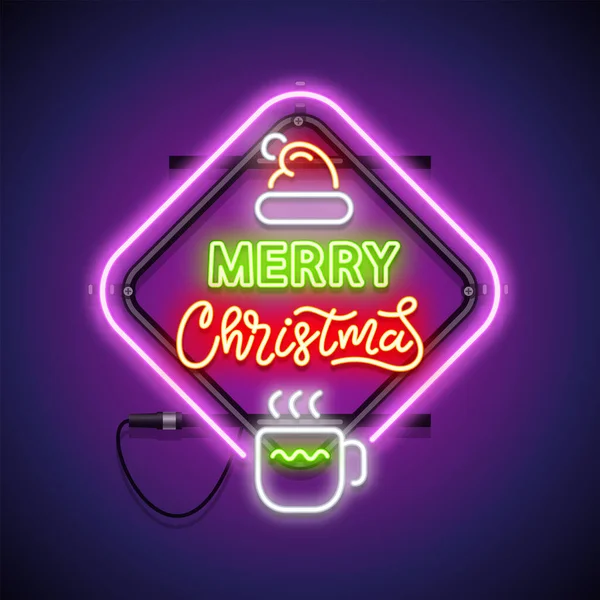Vrolijk kerstfeest met warme mok Neon Sign — Stockvector