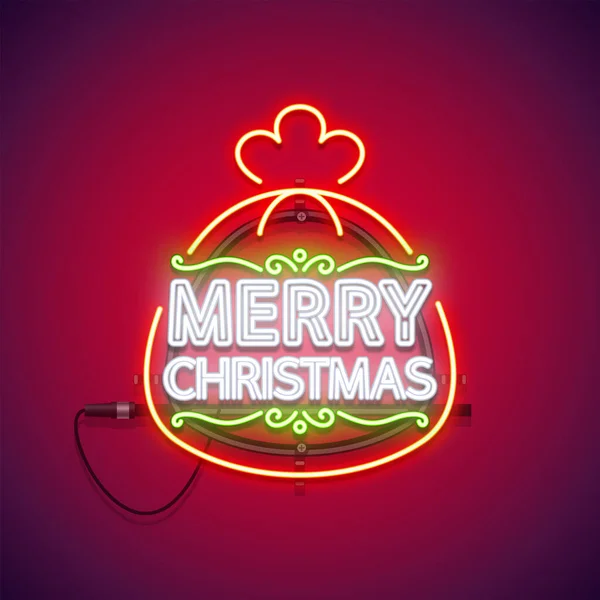 Feliz Navidad Neon Sign in Bolsa de regalo — Vector de stock