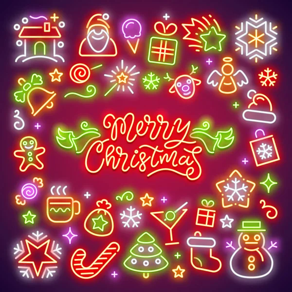 Vrolijk Kerstfeest Neon Pictogrammen Set — Stockvector