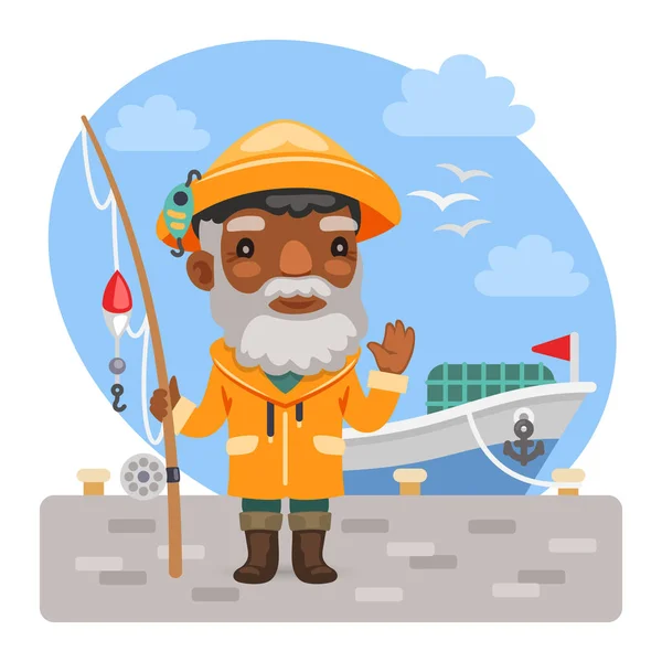 Pescador de desenhos animados com haste de pesca — Vetor de Stock