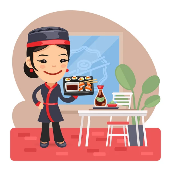 Chef de Sushi femenino de dibujos animados — Vector de stock