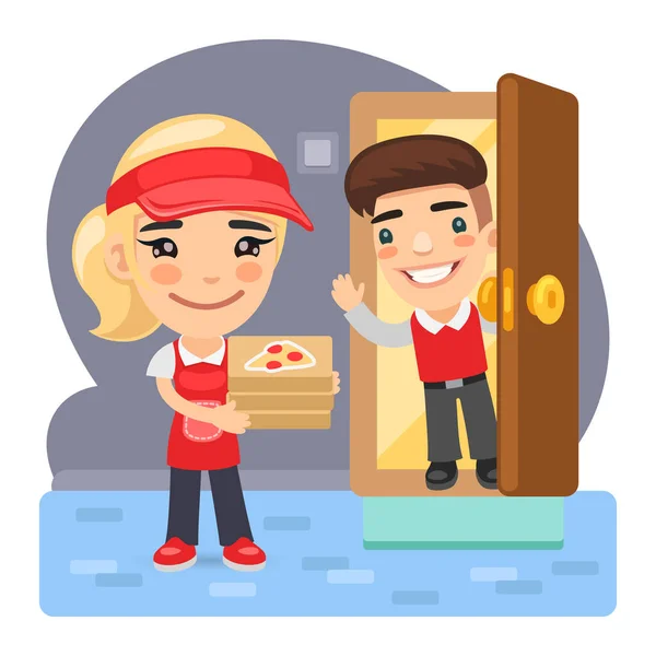 Cartoon Pizza Delivery Girl and Customer — Stock Vector