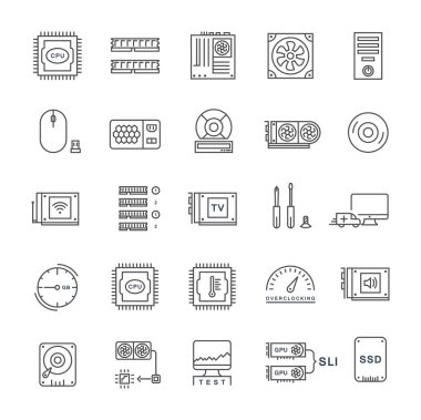 Bilgisayar yükseltme vektör düz çizgi Icons set