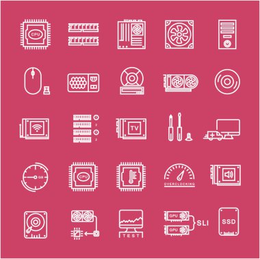 Bilgisayar yükseltme vektör düz çizgi Icons set