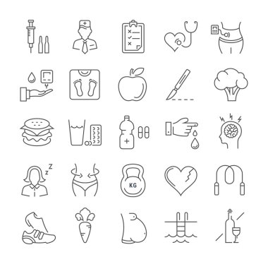 Vektör düz çizgi simgeler Diabet ayarla