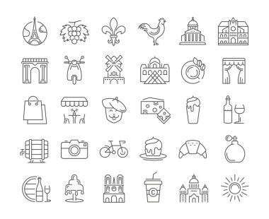 Vektör düz çizgi Icons Set Fransa ve Paris