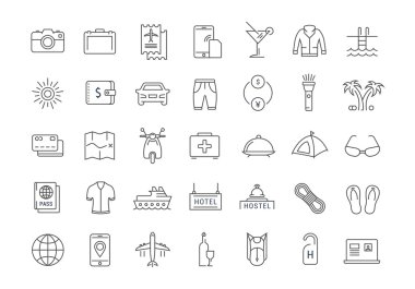 Vektör düz çizgi simgeler seyahat ayarla