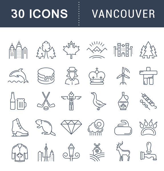 Set Vector Flat Line Icons Ванкувер и Канада
