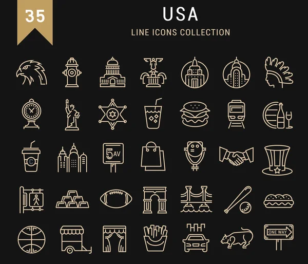 Set Vector Flat Line Iconos Estados Unidos y América — Vector de stock