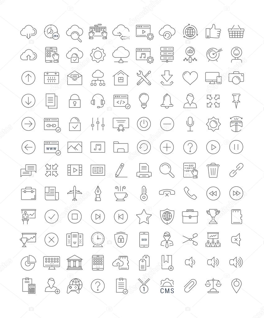 Set vector line icons in flat design smm, cms, seo and ui, ux design with elements for mobile concepts and web apps. Collection modern infographic logo and pictogram.