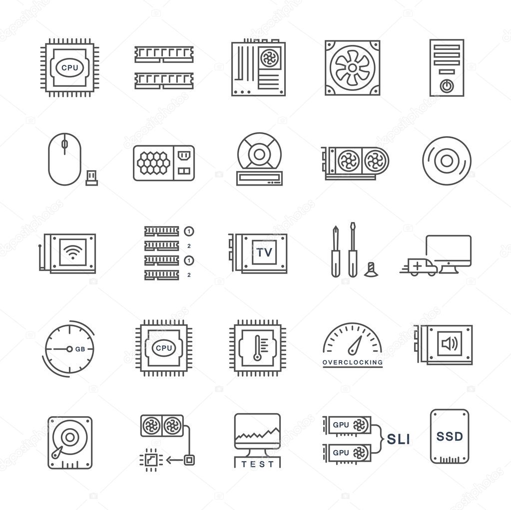 Set Vector Flat Line Icons Upgrading Computer